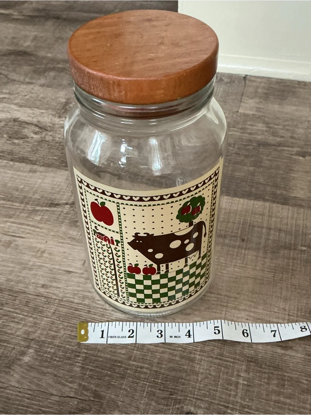 Vintage 1981 Cow Canister Rodger Johnson Glass Jar Wood Lid Farm Folk Art